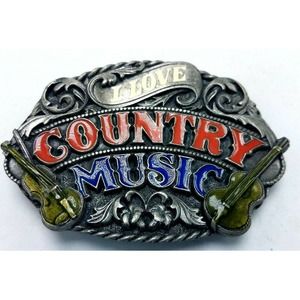 Vtg 1988 Pewter & Enamel Belt Buckle I LOVE COUNTRY MUSIC Siskiyou Buckle Co